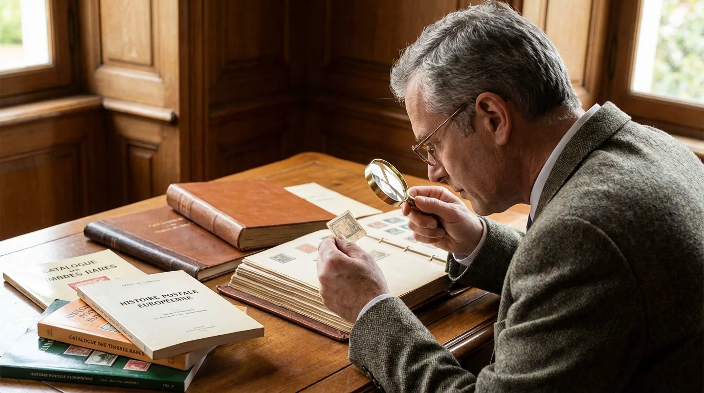 Les timbres belges les plus chers : classement, prix et histoire Timbre-Philatelie Expert philatéliste européen examinant un timbre rare à la loupe sur un bureau en bois
