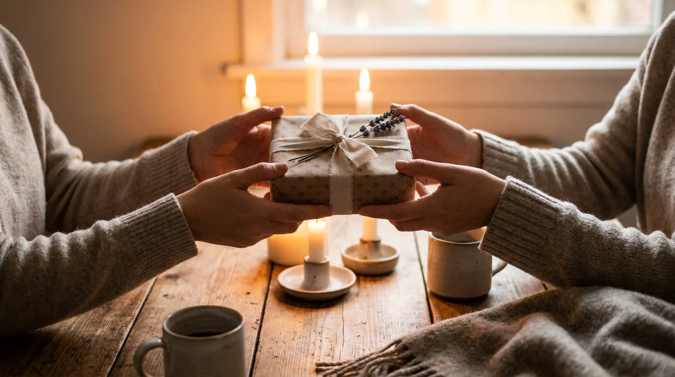 Deux mains échangeant un petit cadeau symbolique dans une ambiance intime et chaleureuse