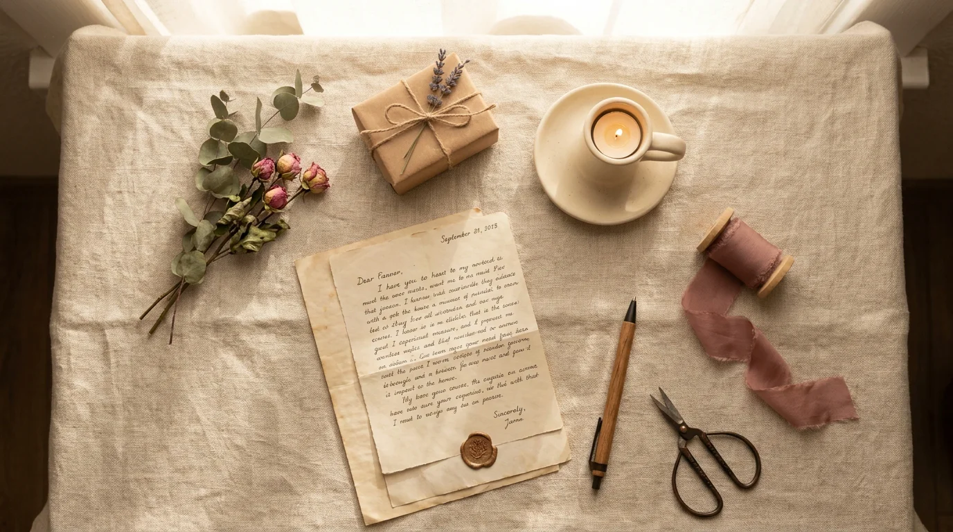 Mise à plat d'éléments pour personnaliser un cadeau de couple : lettre, bougie, fleurs séchées