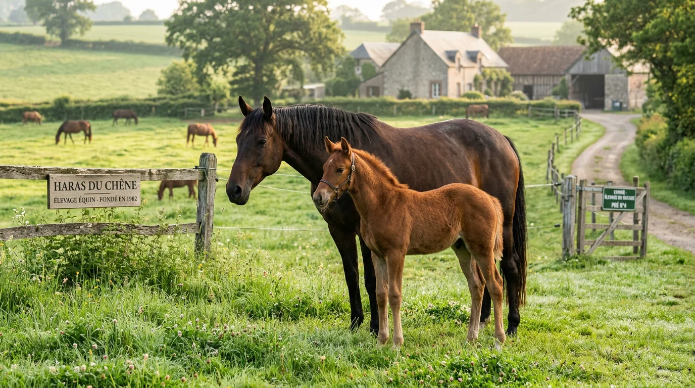 Poulain en bonne santé auprès de sa mère dans une prairie française au petit matin