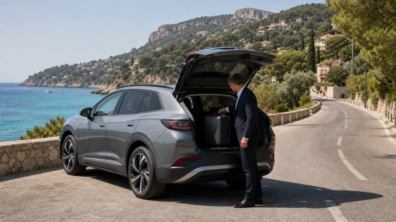 Grey electric SUV on a quiet French Riviera coastal road with a chauffeur beside the open boot