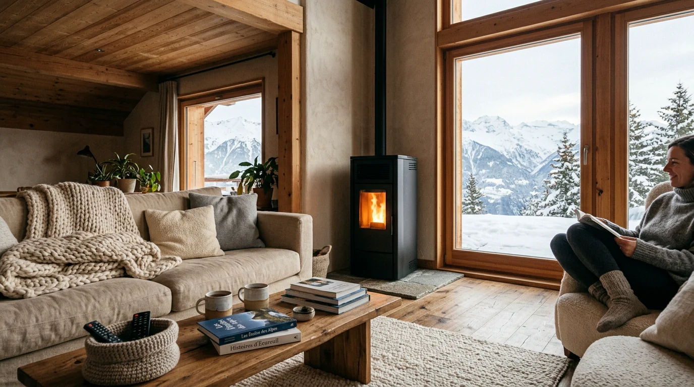 Poêle à pellets moderne dans un salon suisse avec vue sur les montagnes enneigées