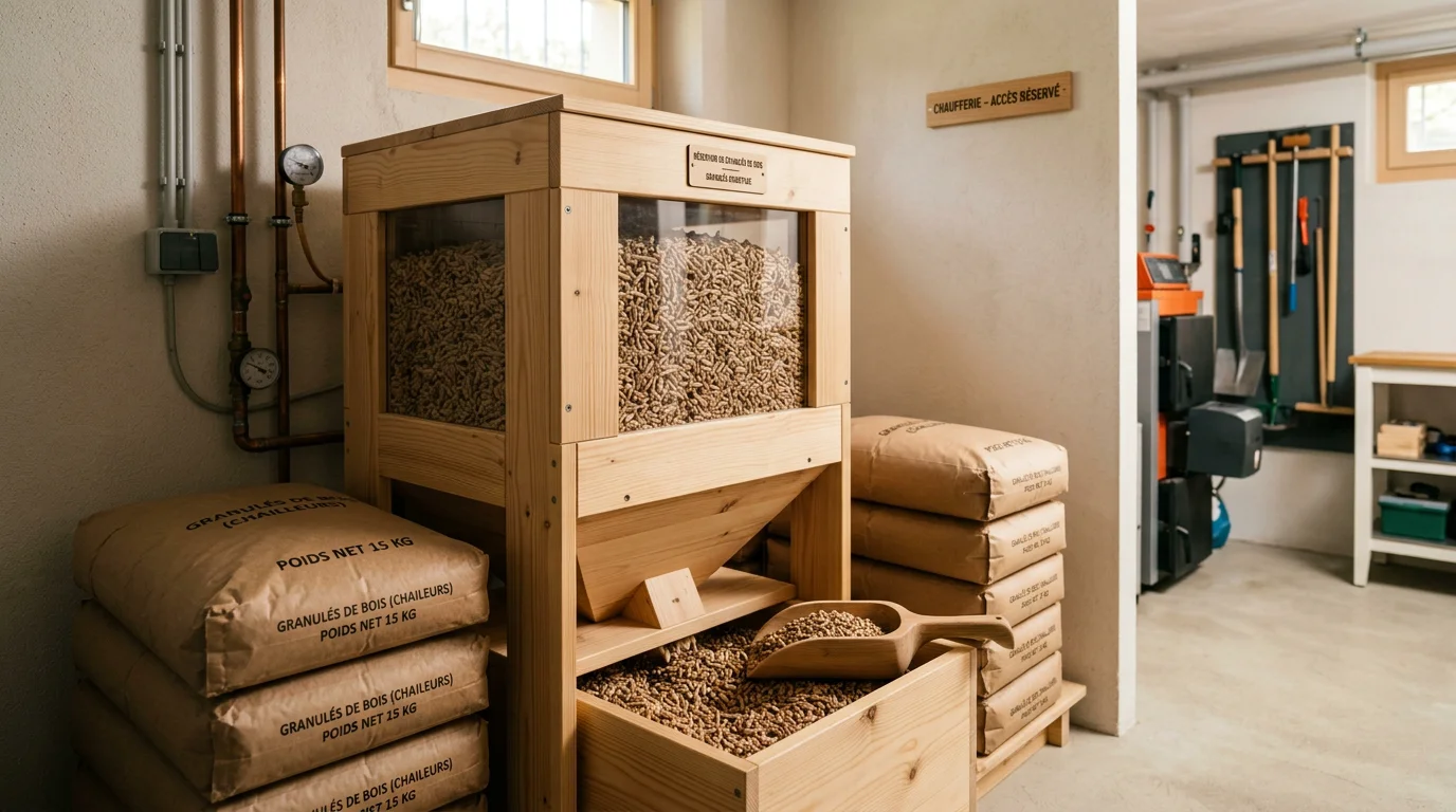 Granulés de bois stockés dans un silo propre au sous-sol d'une maison