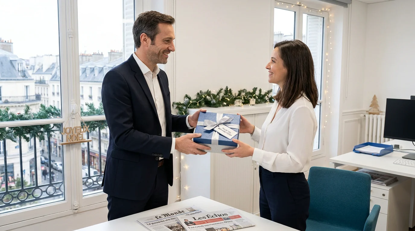 Remise d'un cadeau de fin d'année en entreprise entre collègues dans un bureau moderne