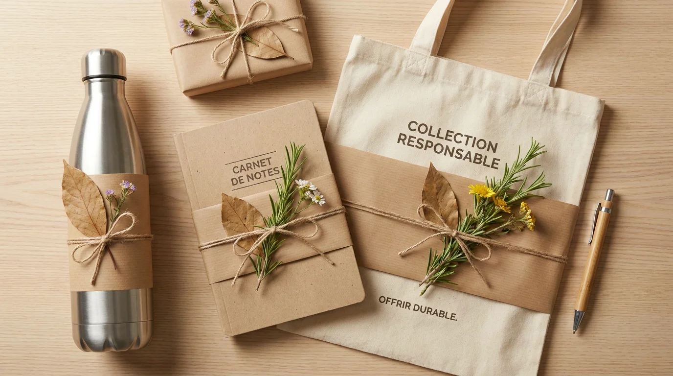 Assortiment de cadeaux d'entreprise éco-responsables disposés sur une table en bois