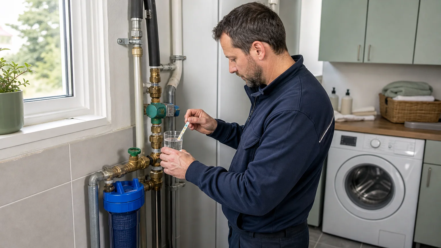 Technicien mesurant la dureté de l’eau dans une habitation
