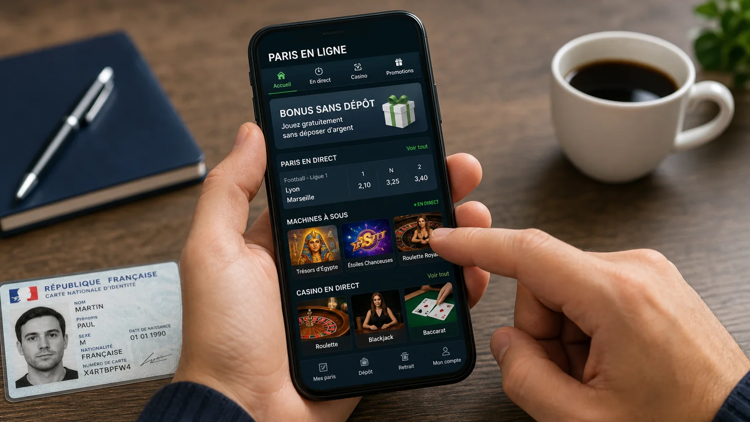 Un joueur consulte une plateforme de jeu en ligne sur son téléphone à côté d'une pièce d'identité