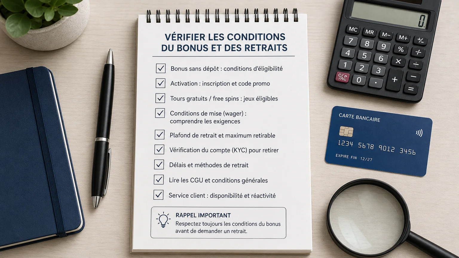 Mise à plat d'une checklist, d'une calculatrice et d'une carte bancaire pour vérifier les conditions de retrait