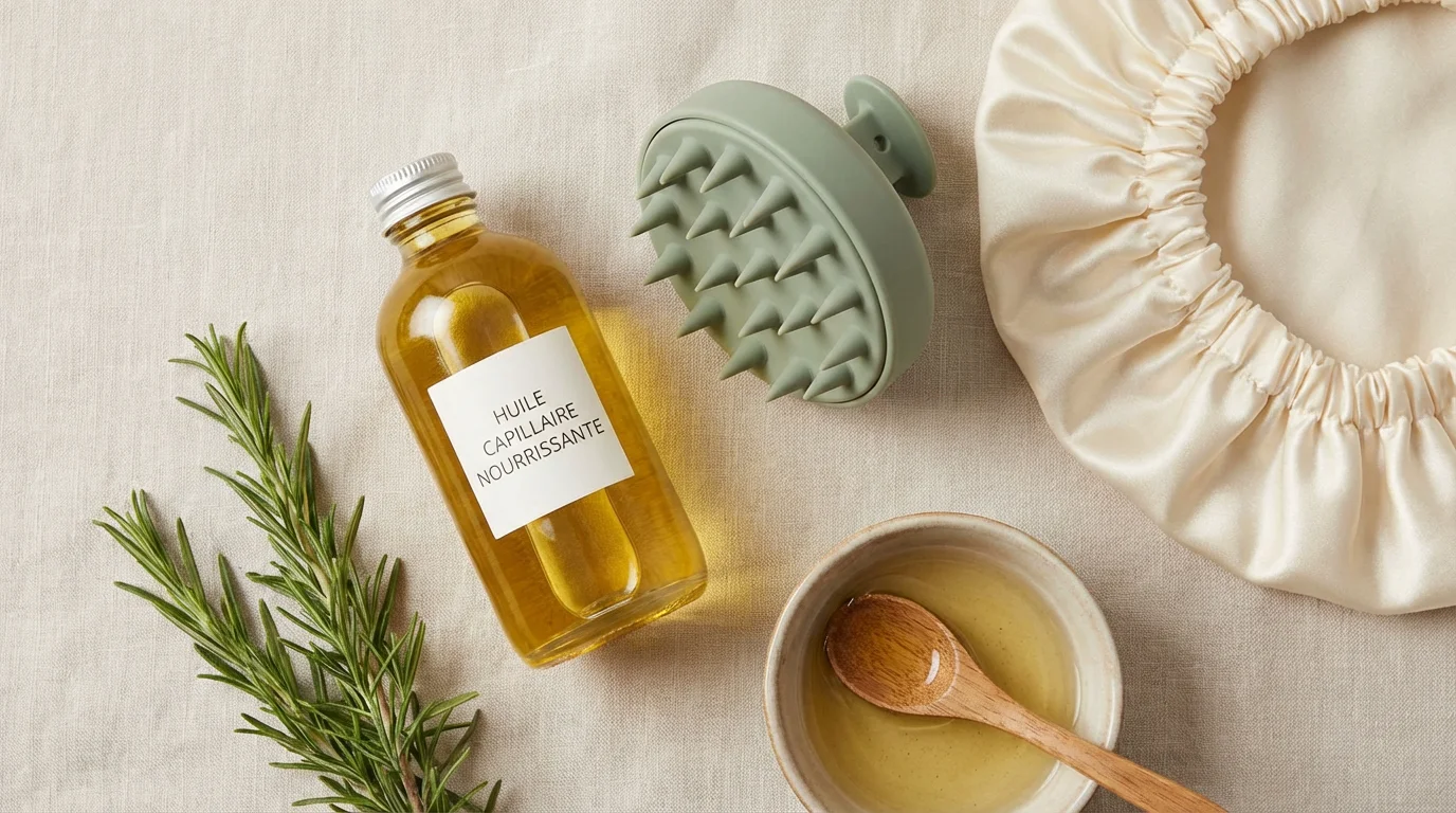 Flat lay d'accessoires pour routine de pousse cheveux afro avec huiles et brosse