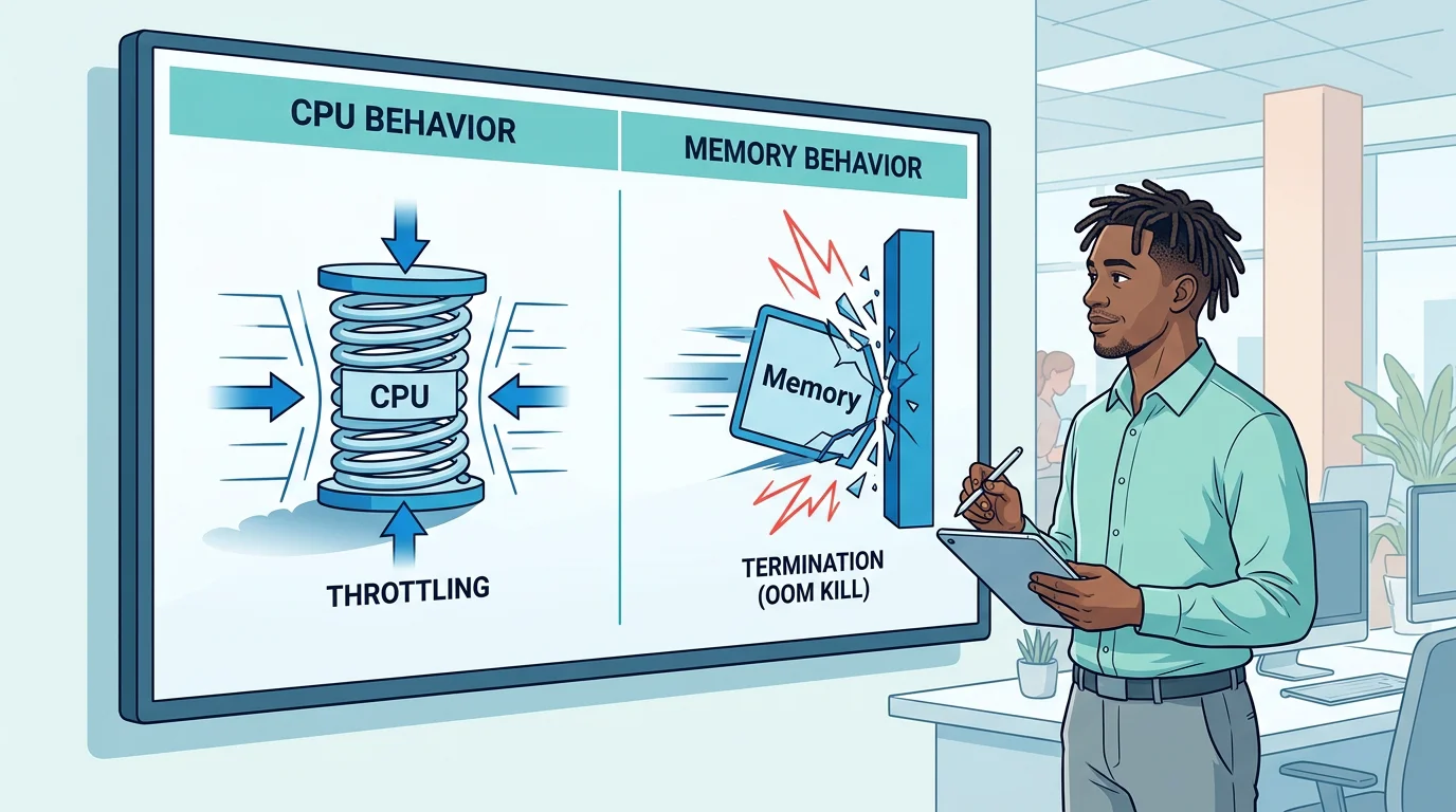 Diagram comparing CPU throttling and memory OOM kill behavior in Kubernetes