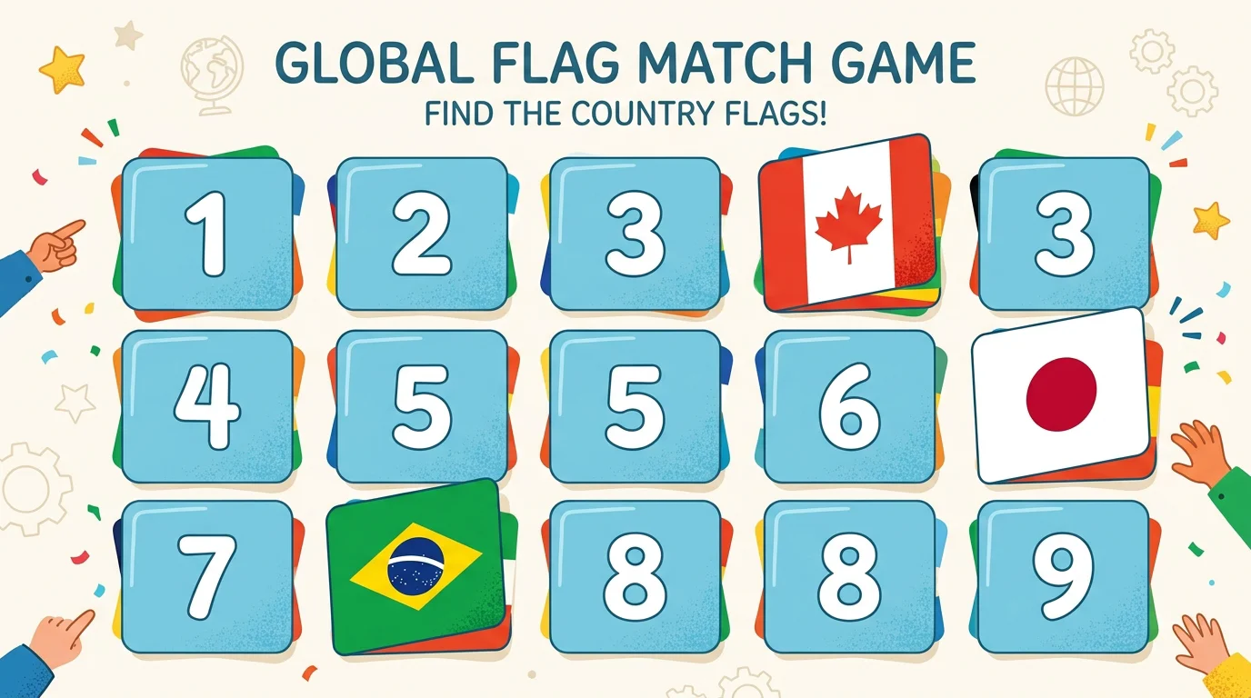 Grid of world flags partially covered by numbered tiles in a flag guessing game