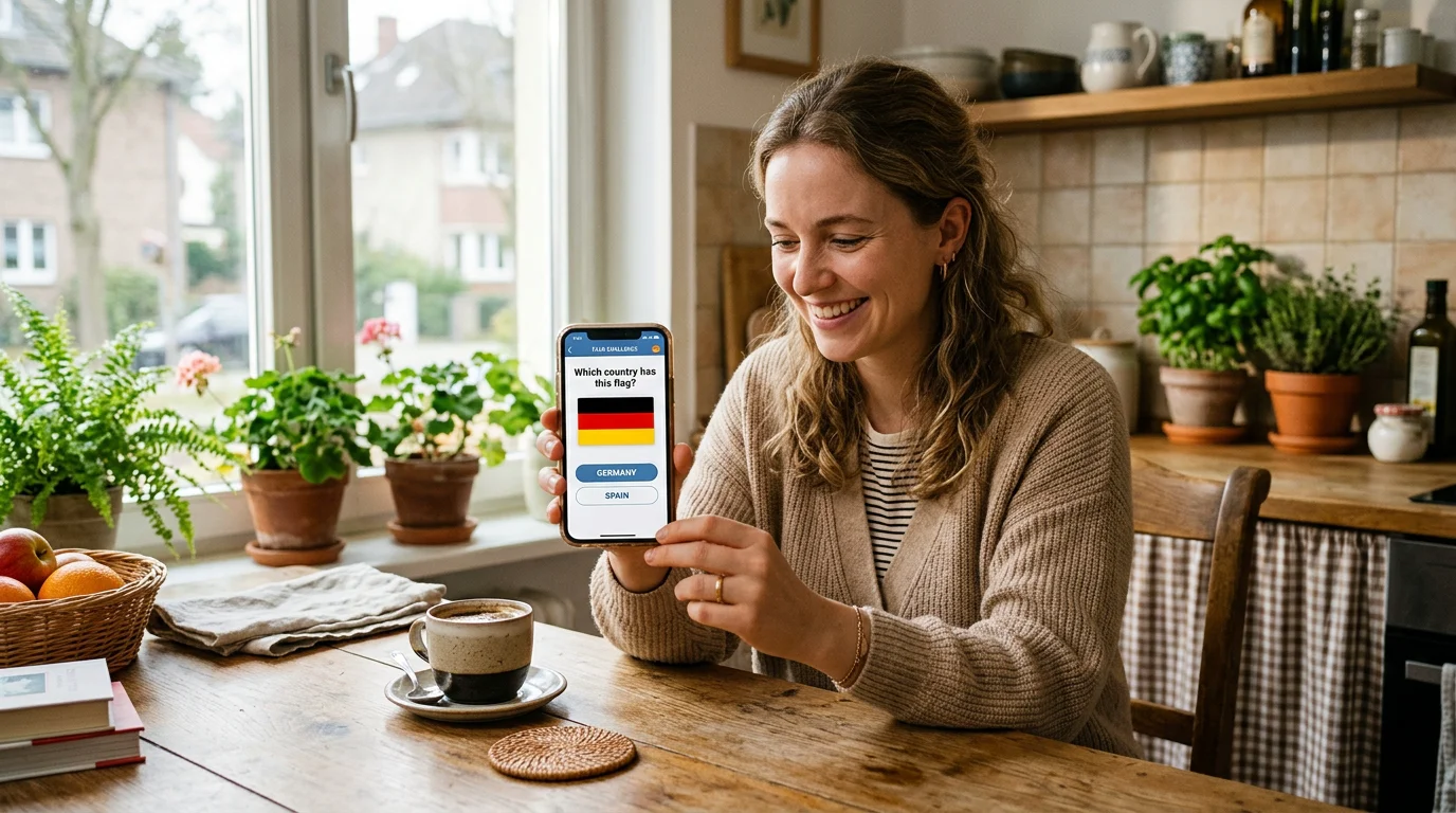 Young European woman playing a flag geography game on her phone at a kitchen table