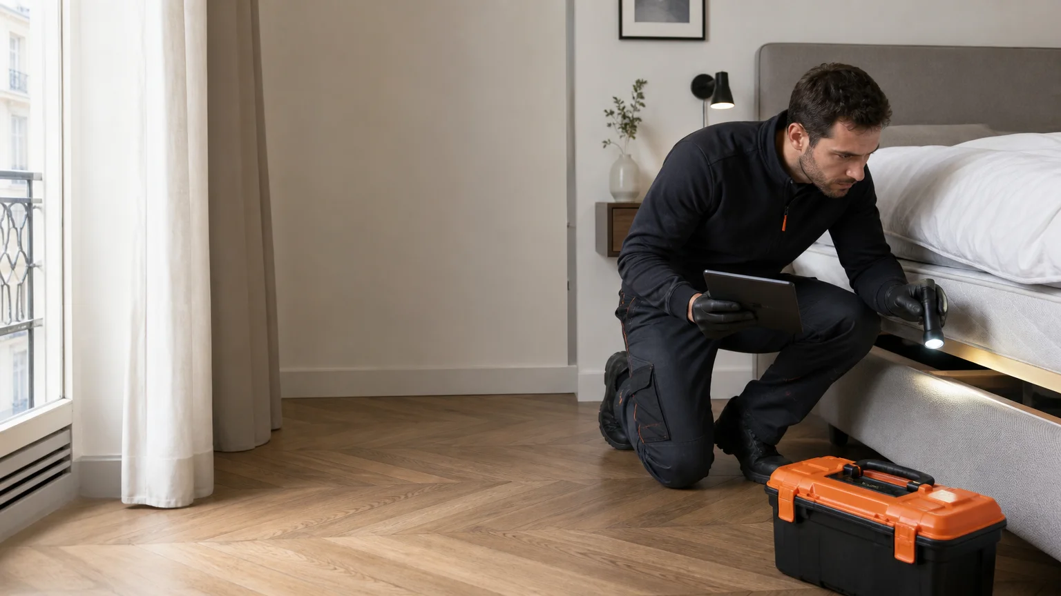 Technicien européen réalisant une inspection professionnelle de nuisibles dans un appartement urbain français à Paris ou Nice