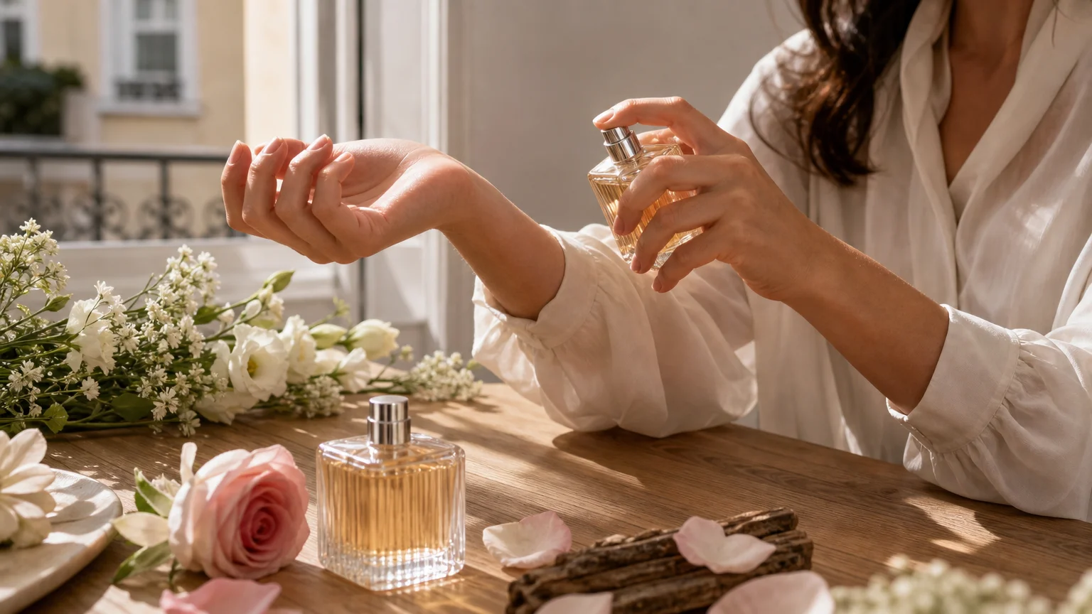 Test d’une fragrance florale sur le poignet avec fleurs blanches et bois clair