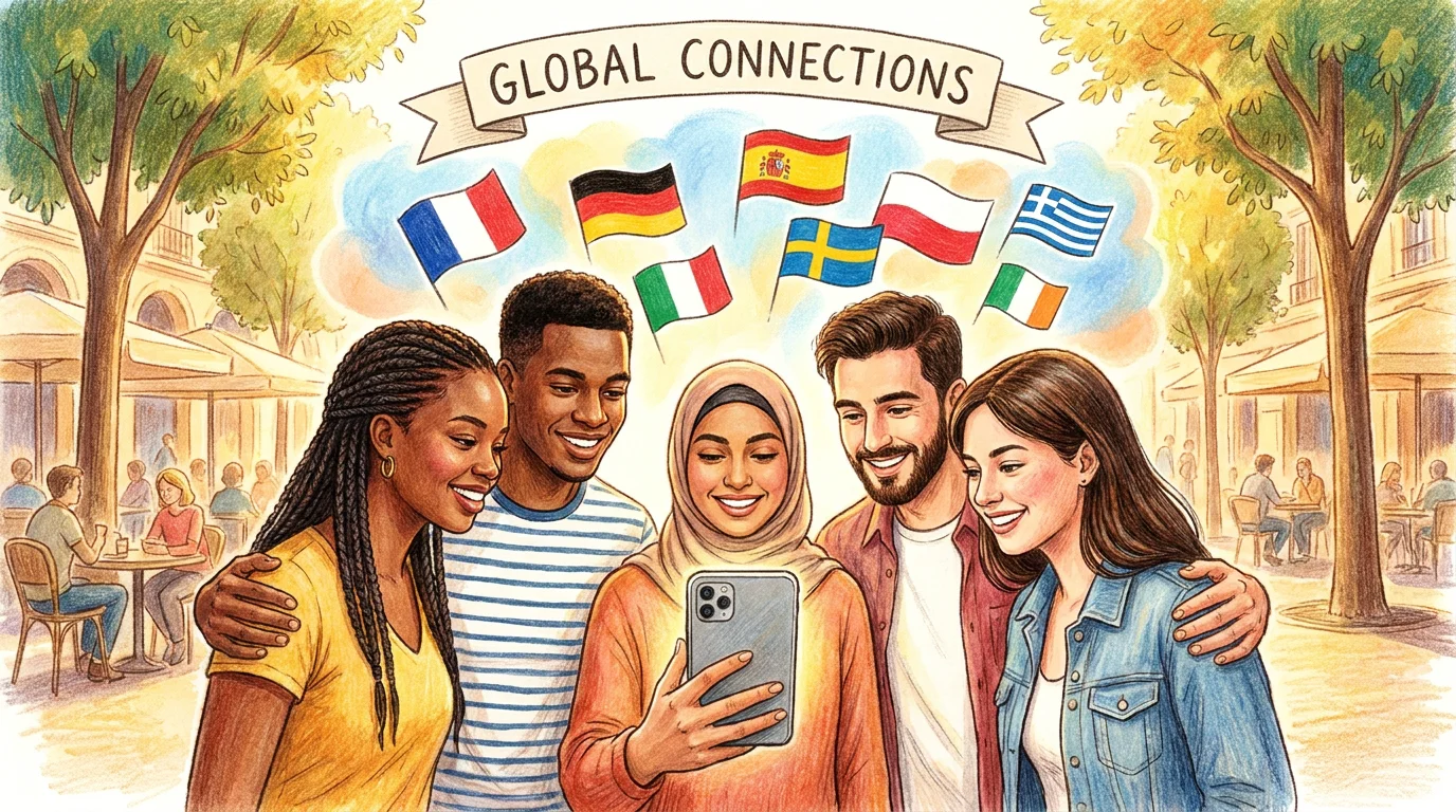 Group of people excitedly playing a flag guessing quiz on a smartphone with colorful flags floating around