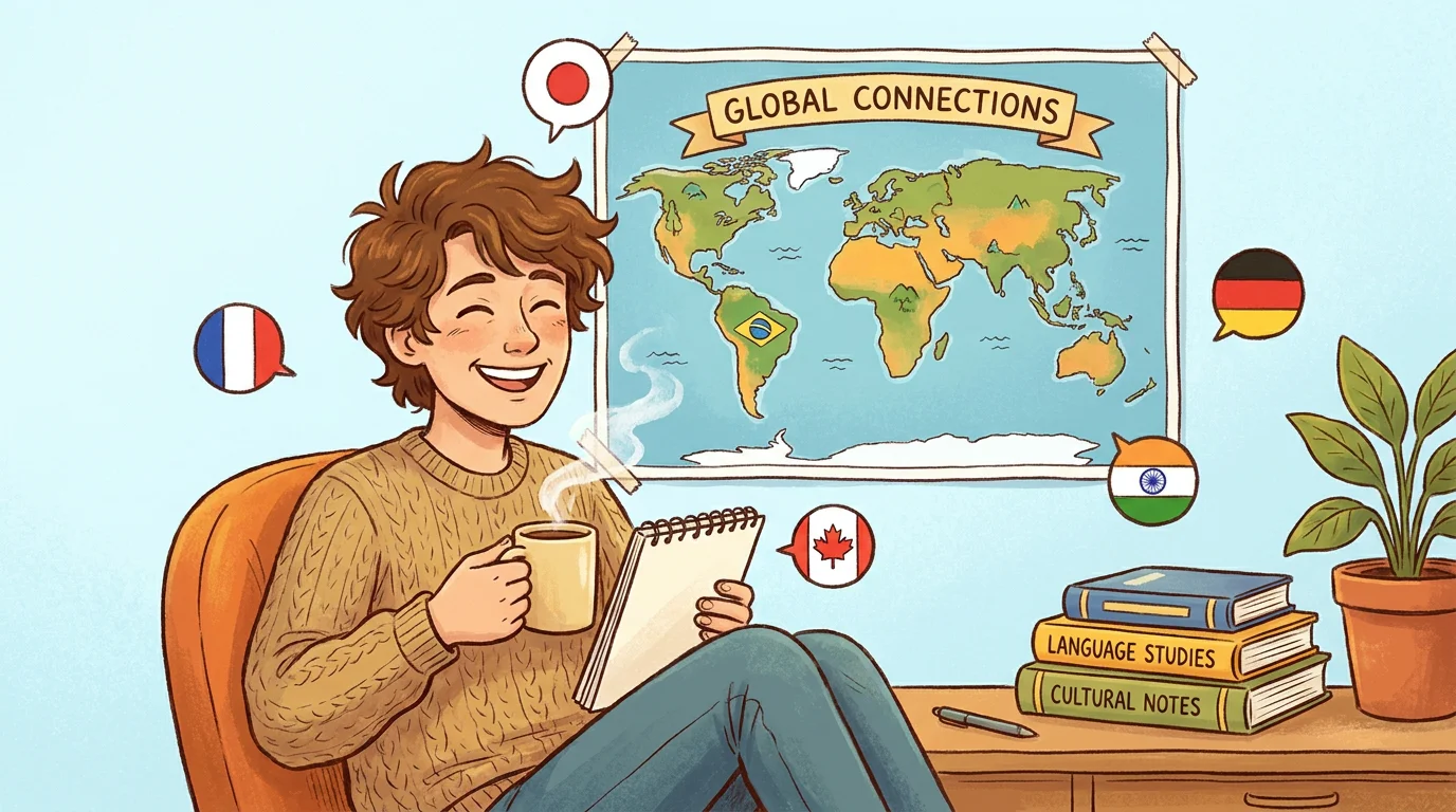 Person studying world flags at a desk with a colorful world map in the background