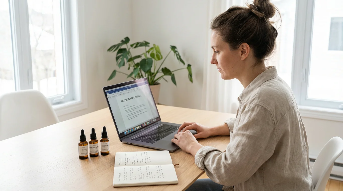 Femme européenne suivant une formation holistique en ligne depuis son bureau à domicile