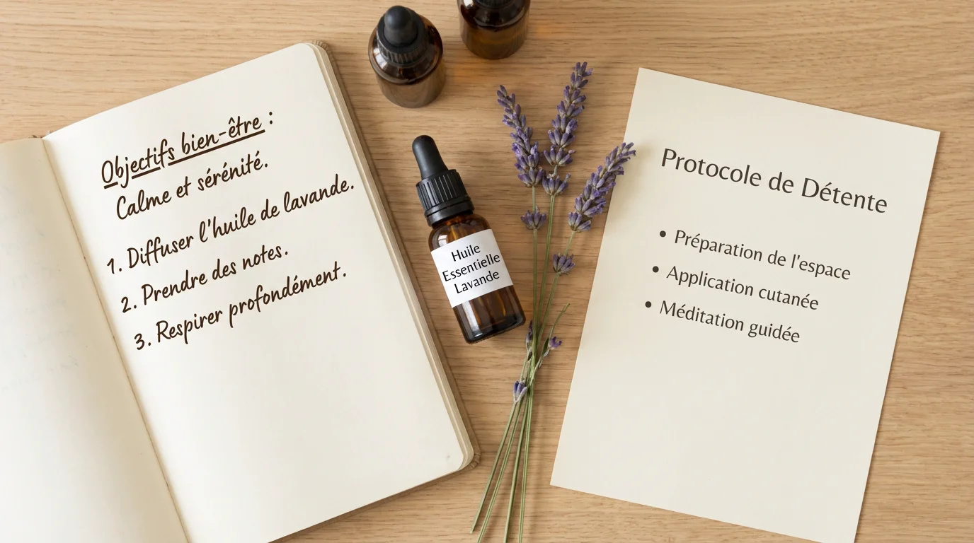 Protocoles et huiles essentielles sur un bureau de thérapeute holistique