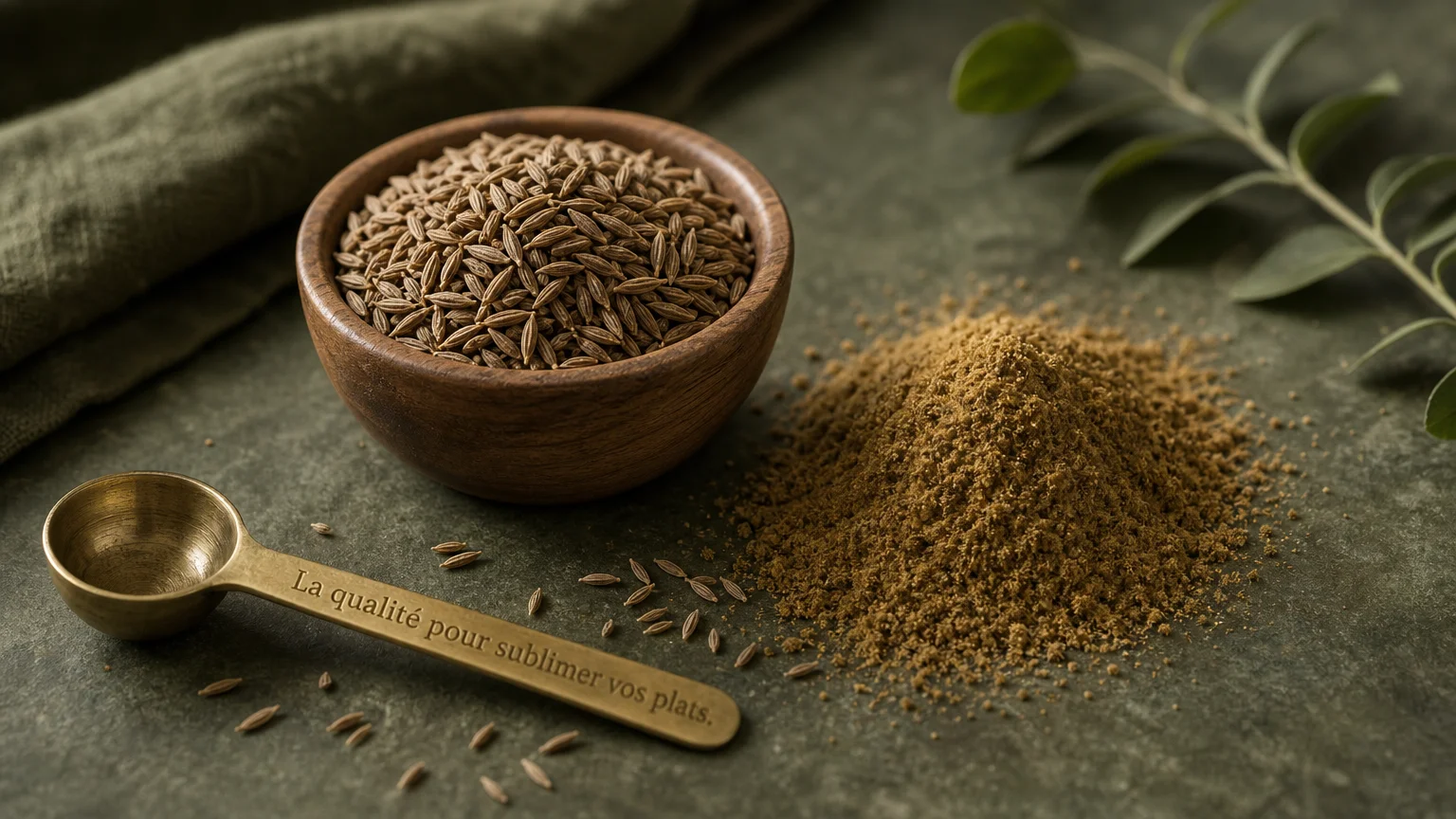 Graines de cumin entières et cumin en poudre présentés côte à côte