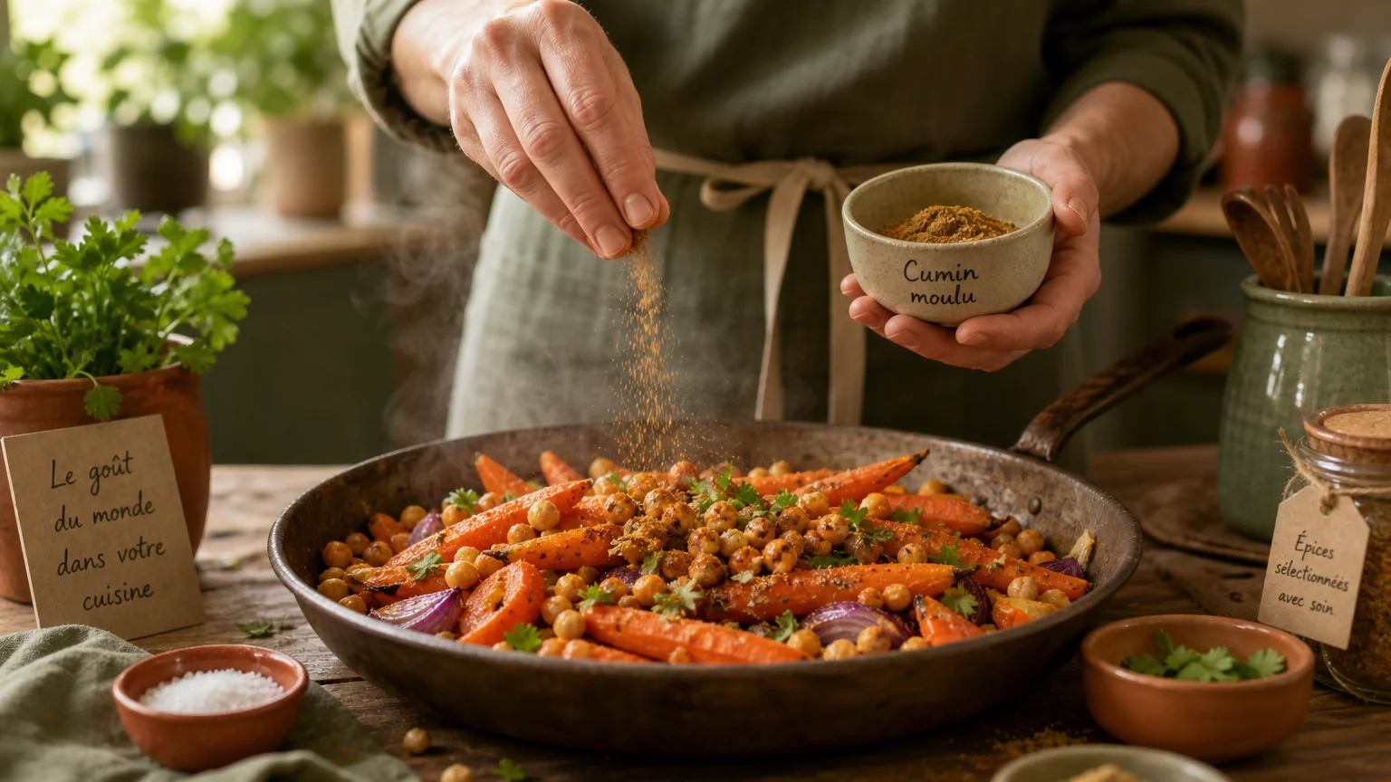 Cuisinier saupoudrant du cumin sur des légumes rôtis