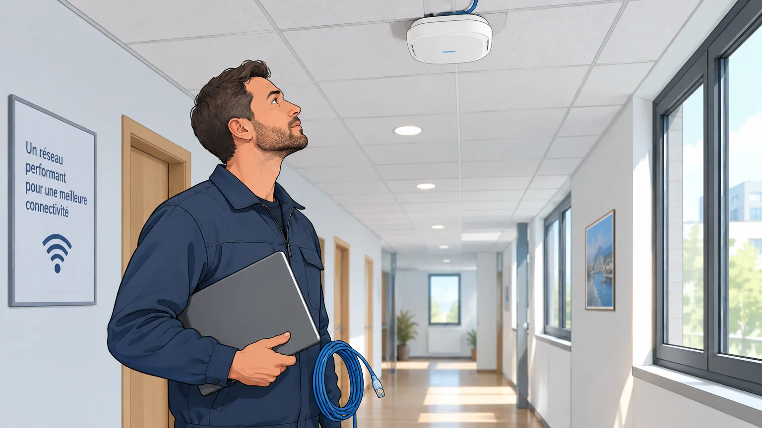 Technicien vérifiant l’emplacement d’un point d’accès Wi-Fi dans un local professionnel