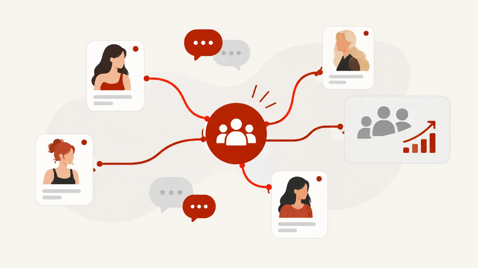 Illustration éditoriale d’un espace de gestion d’agence OFM avec des profils de créatrices, des conversations et un suivi d’équipe abstraits.