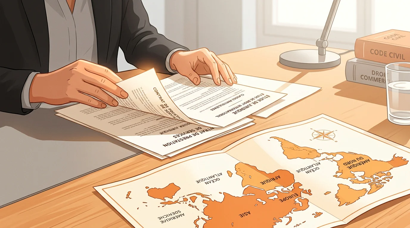 Documents juridiques sur un bureau d'avocat illustrant un divorce international