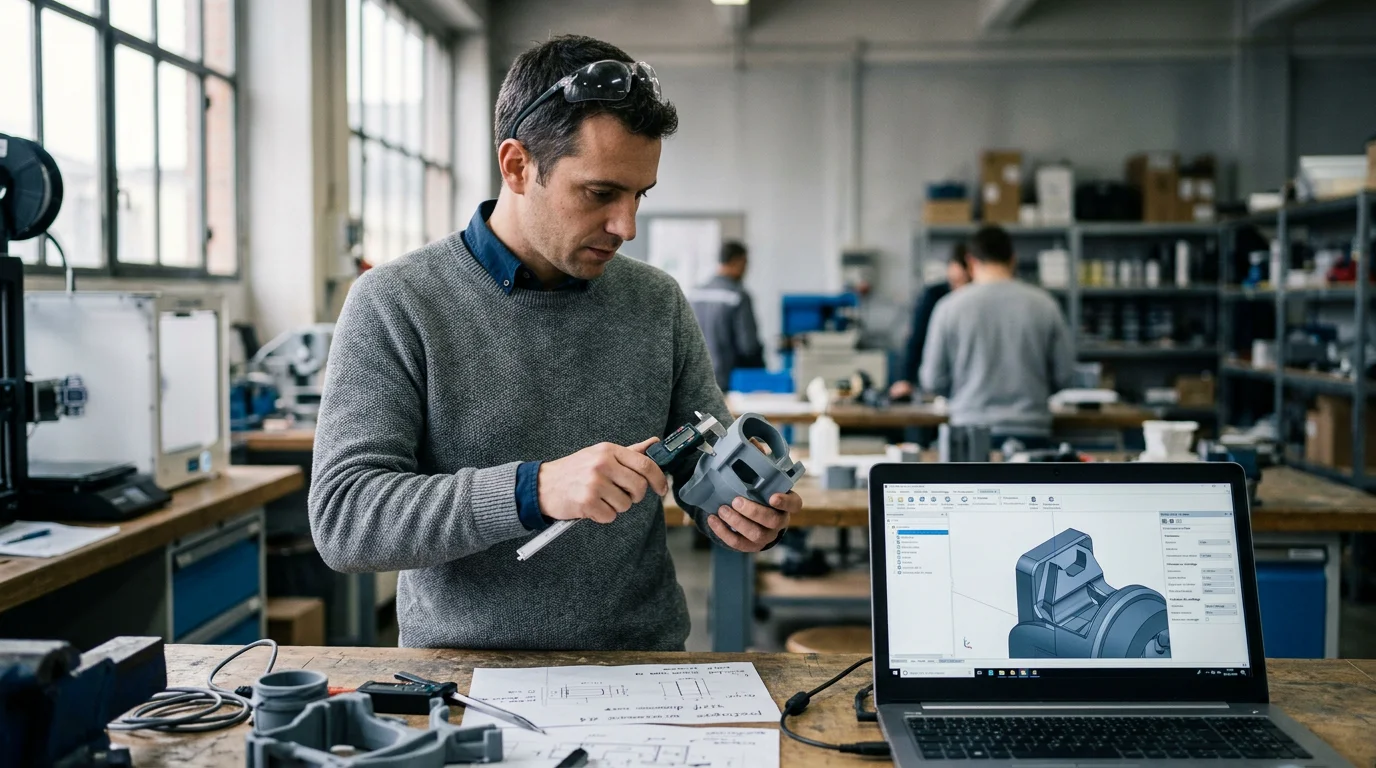 Ingénieur européen comparant une pièce imprimée en 3D avec son modèle CAO à l'écran