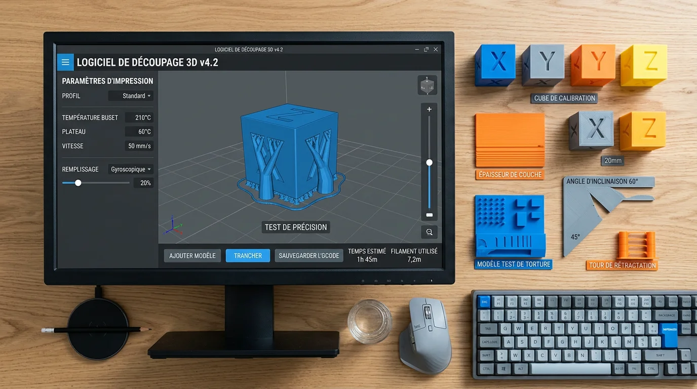 Interface de slicer et pièces de test posées sur un bureau vu de dessus