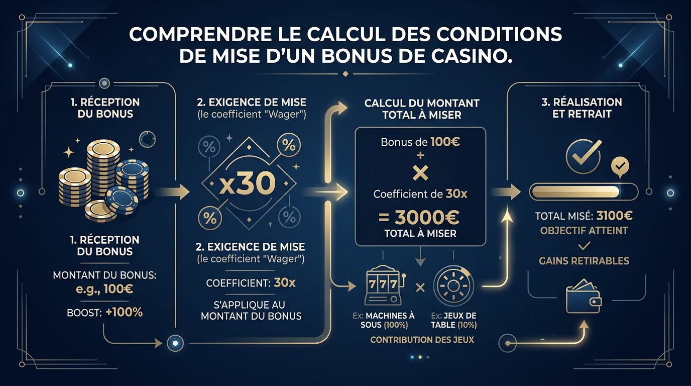 Schéma pédagogique expliquant le calcul du wager d'un bonus de casino