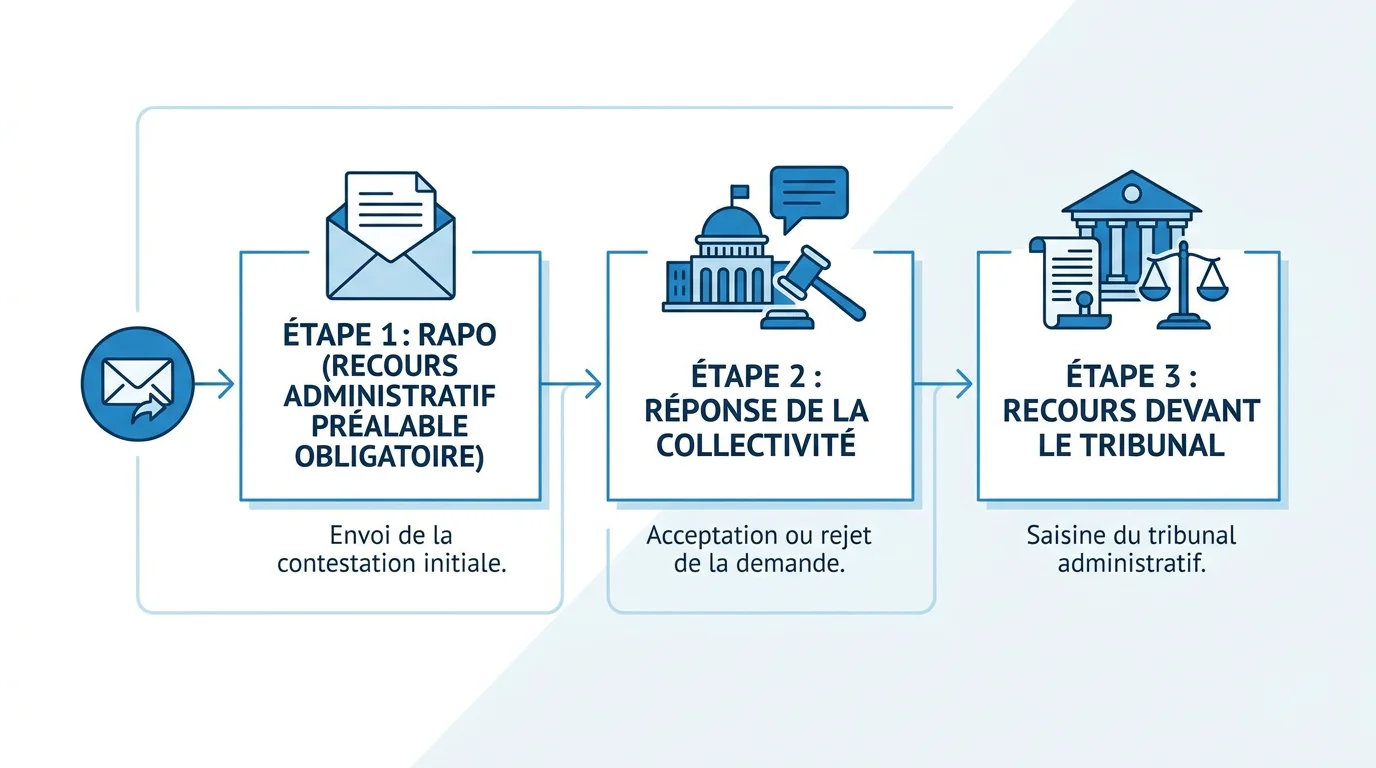 Schéma des trois étapes de contestation d'un FPS en France : RAPO, réponse, tribunal
