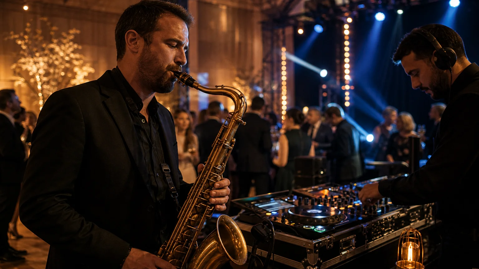 Transition musicale entre saxophone live et DJ pendant une soirée d’entreprise