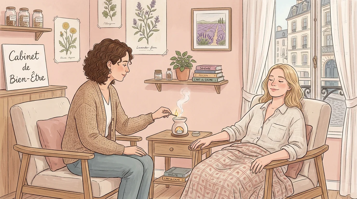Illustration d'un thérapeute holistique utilisant un diffuseur aromatique pendant une séance dans un cabinet en France