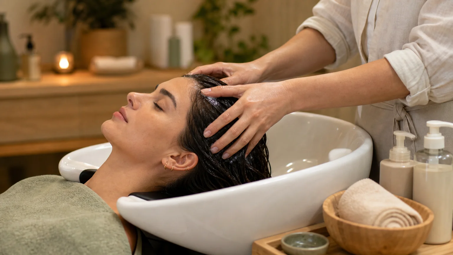 Massage du cuir chevelu pendant un rituel Head Spa en salon de coiffure