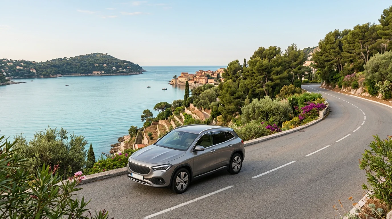 Grey electric SUV on a coastal road overlooking a Mediterranean bay near Villefranche
