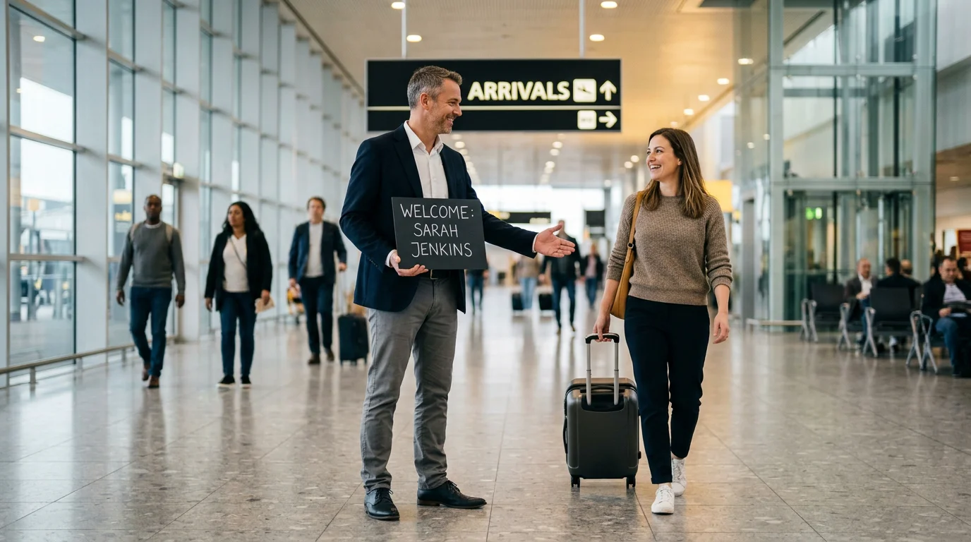 Chauffeur holding a name sign welcoming a traveller in an airport arrivals hall