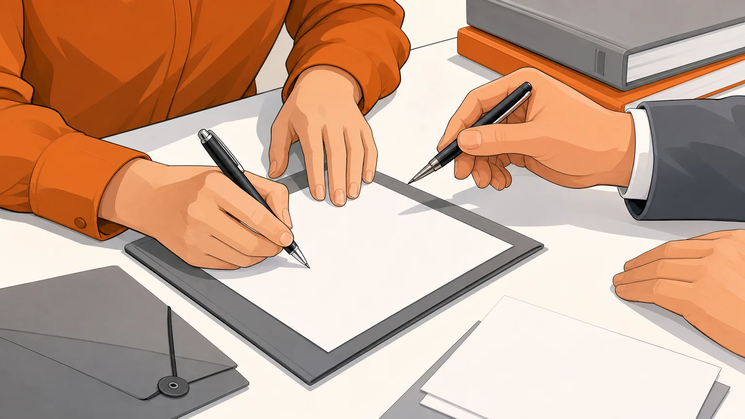 Mains signant un document vierge sur un bureau juridique