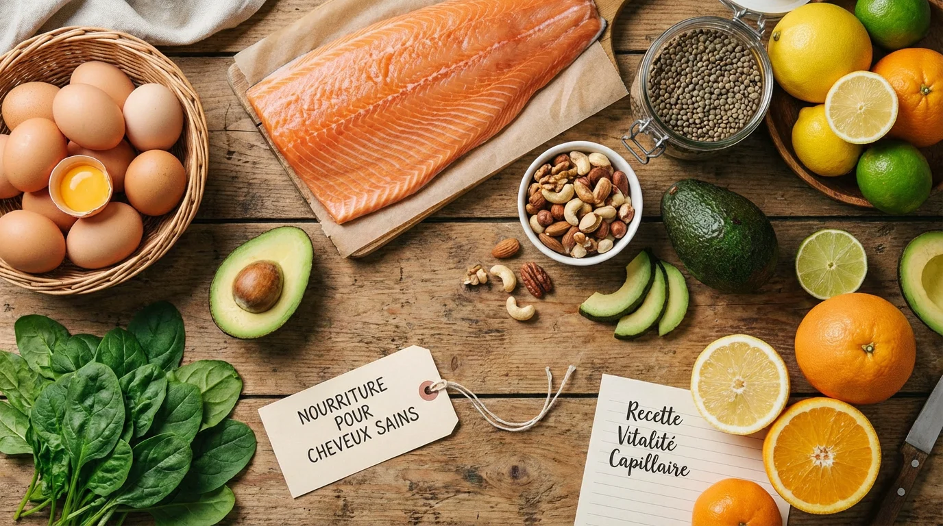 Aliments riches en zinc, biotine et vitamines B disposés sur un plan de travail pour illustrer la nutrition capillaire