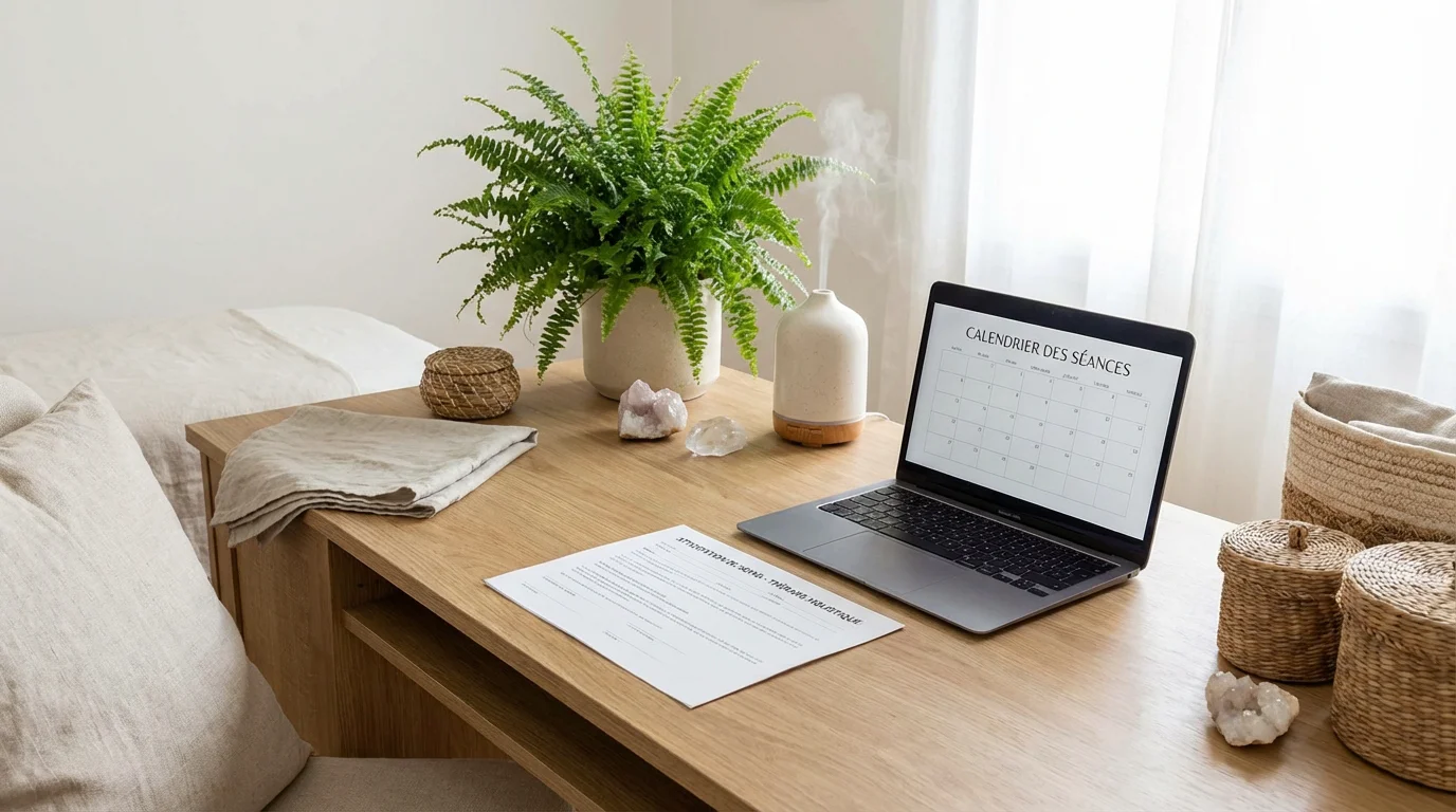 Bureau de thérapeute holistique avec documents administratifs et éléments naturels