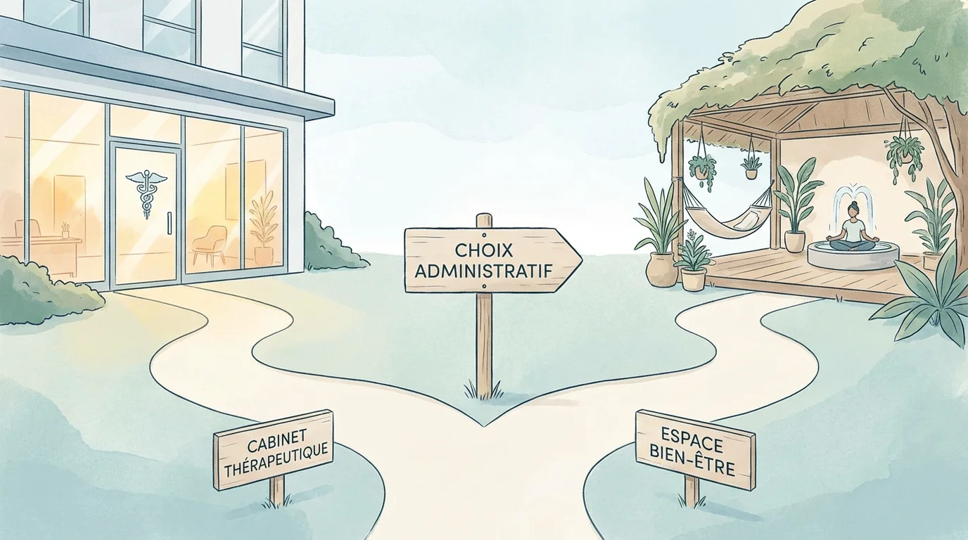 Illustration de deux chemins symbolisant le choix entre code APE 8690F et 9609Z