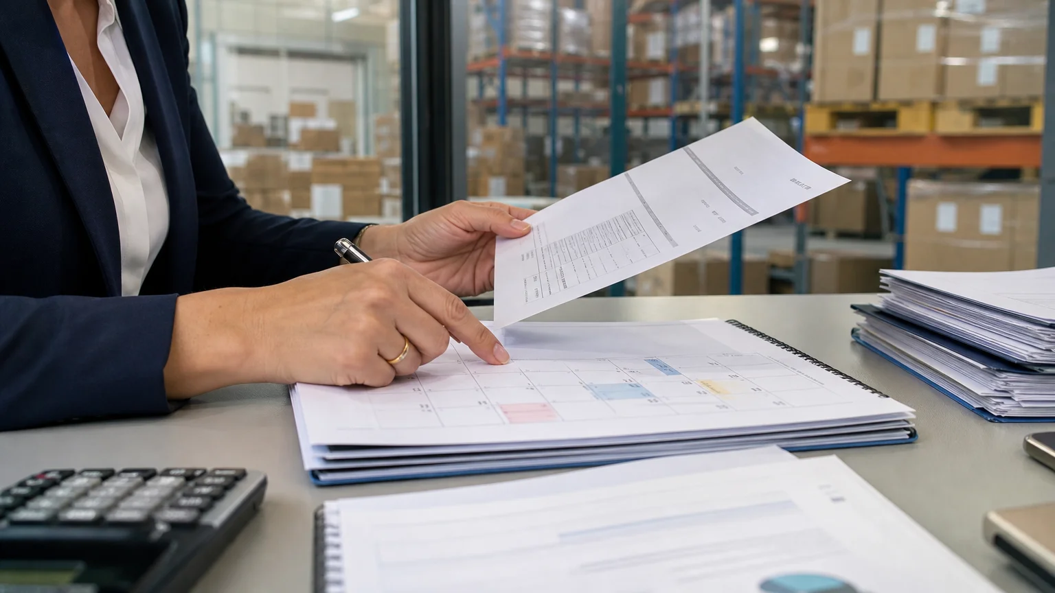Gros plan sur une facture fournisseur et un calendrier de paiement dans un bureau d’entreprise.