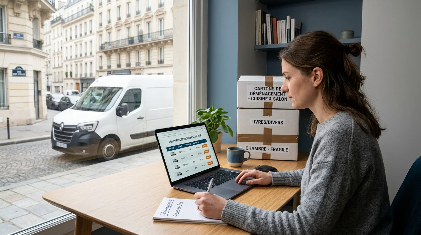 Personne comparant les prix d'une location d'utilitaire sur un ordinateur portable