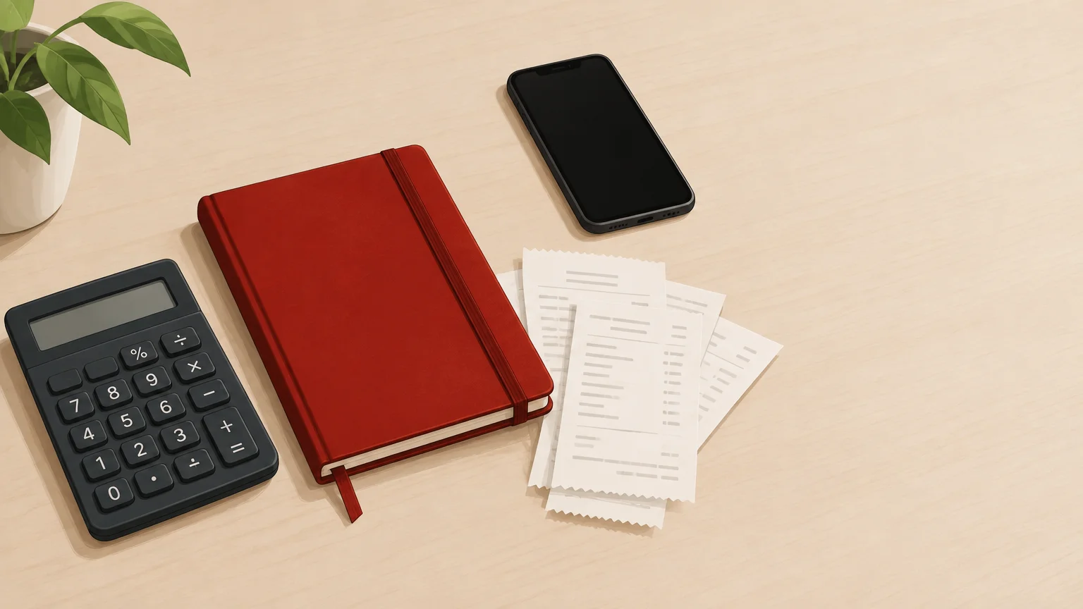 Calculatrice, carnet rouge et reçus pour illustrer le budget d’une plateforme de contenu privé