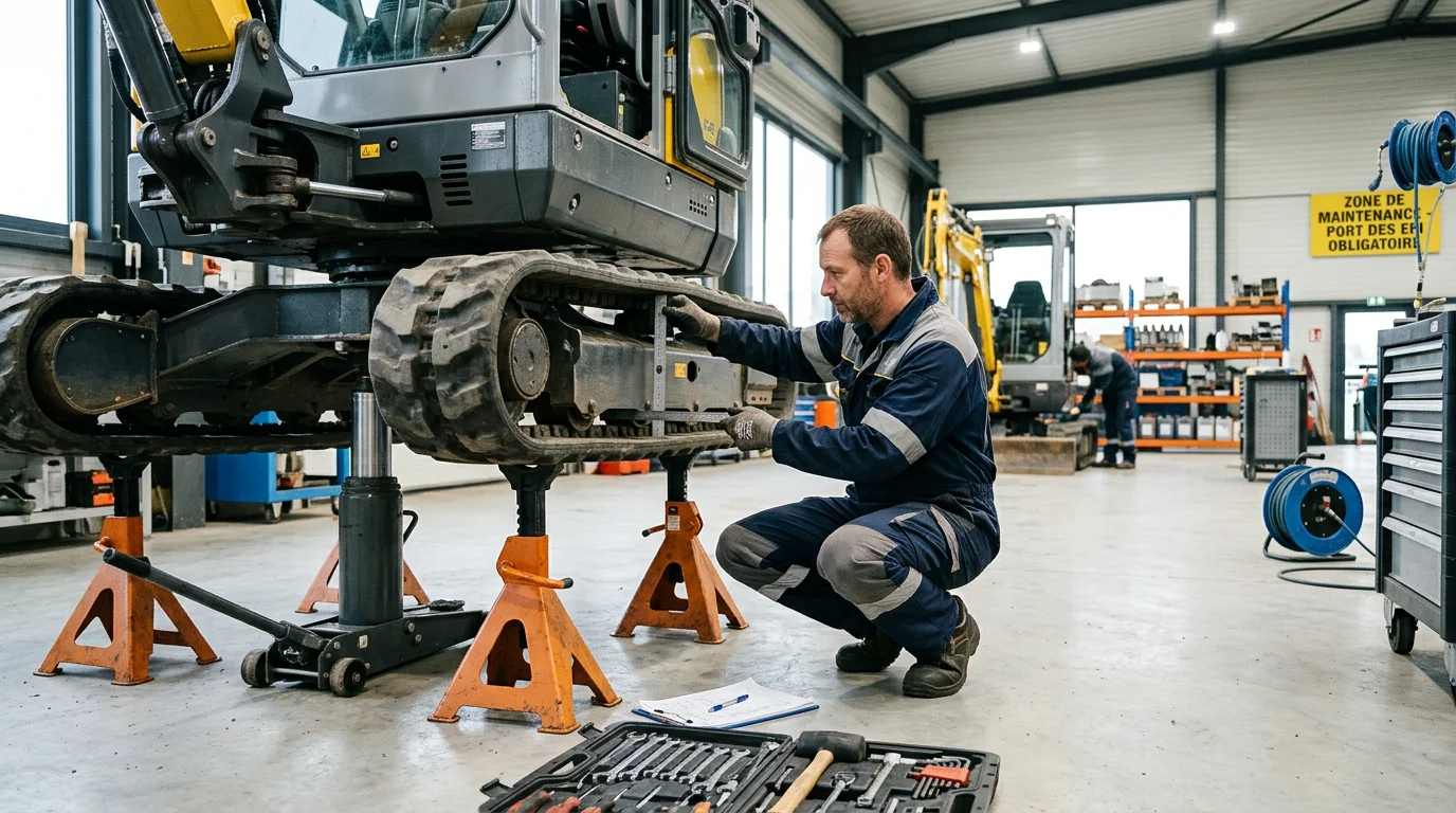 Technicien contrôlant la tension de chenille d'une mini-pelle en atelier