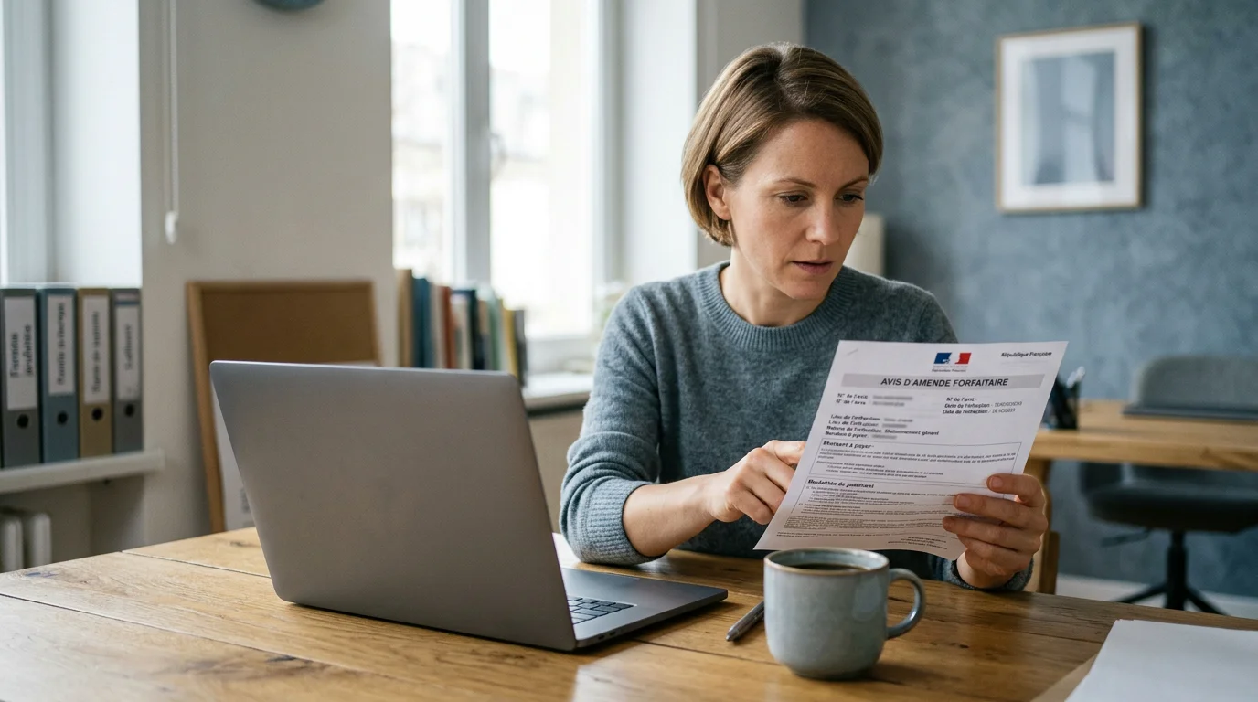 Automobiliste européen examinant un avis de paiement de forfait post-stationnement sur son bureau