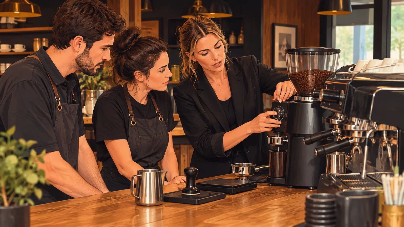 Formation pratique d’une équipe de restaurant au réglage du moulin à café