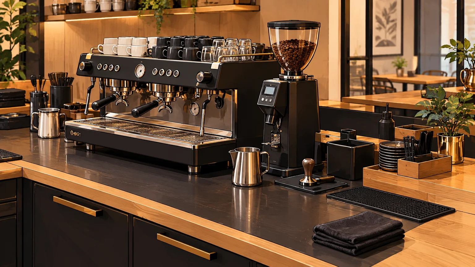 Poste espresso organisé et propre dans un restaurant