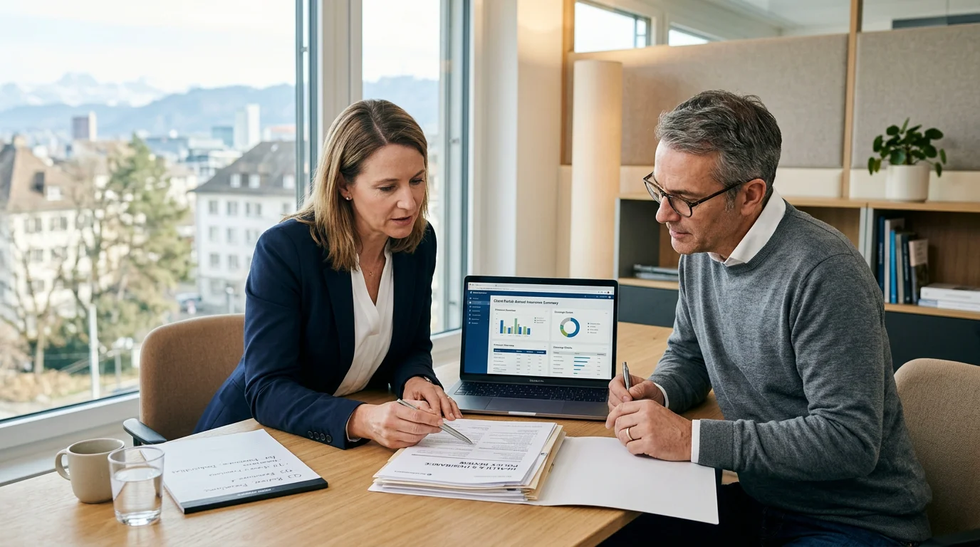 Advisor and client reviewing insurance documents during a first review in a Swiss office