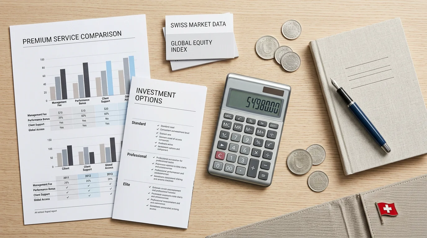 Overhead view of premium comparison charts and a calculator on a desk