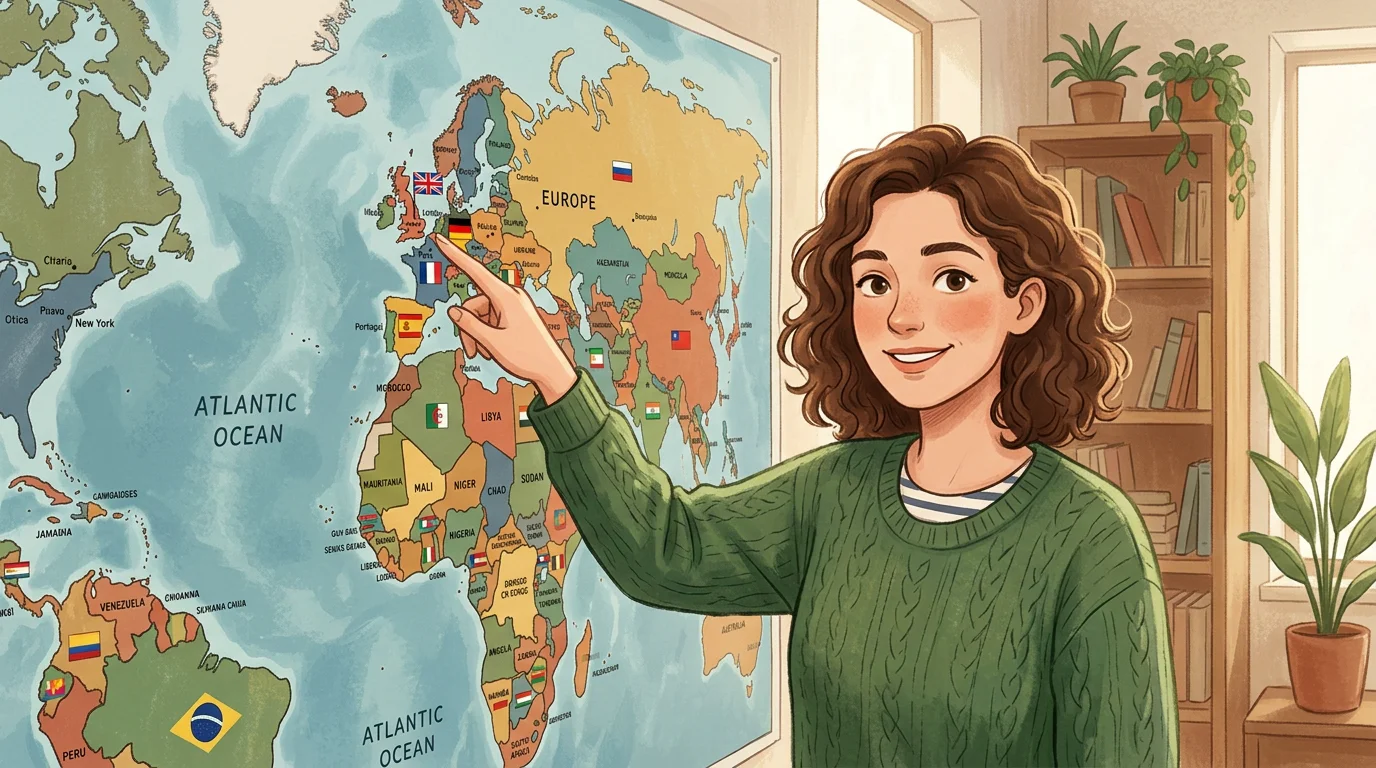 Person pointing at a world map dotted with national flags